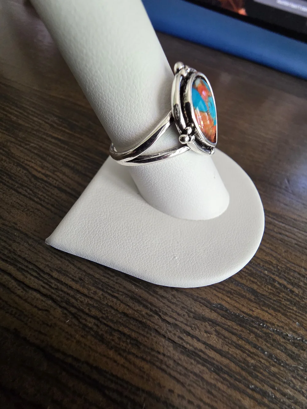 Teardrop Inlay Ring with Orange & Turquoise Accent
